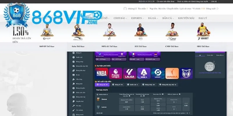 Danh sách sảnh thể thao 868Vip khủng