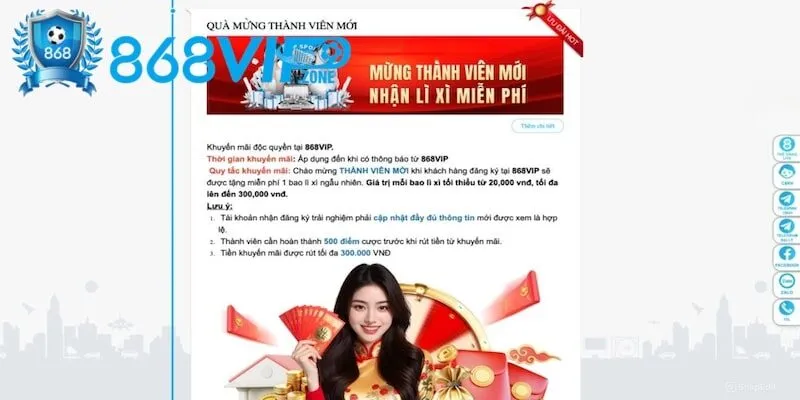 Khuyến mãi 868Vip lì xì khủng cho newbie