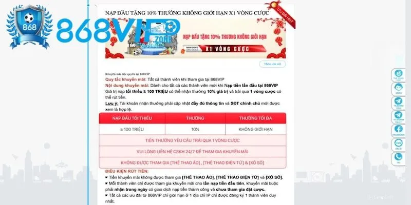 Khuyến mãi 868Vip tặng 10% giao dịch nạp tiền