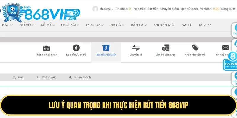 Lưu ý quan trọng khi thực hiện rút tiền 868VIP